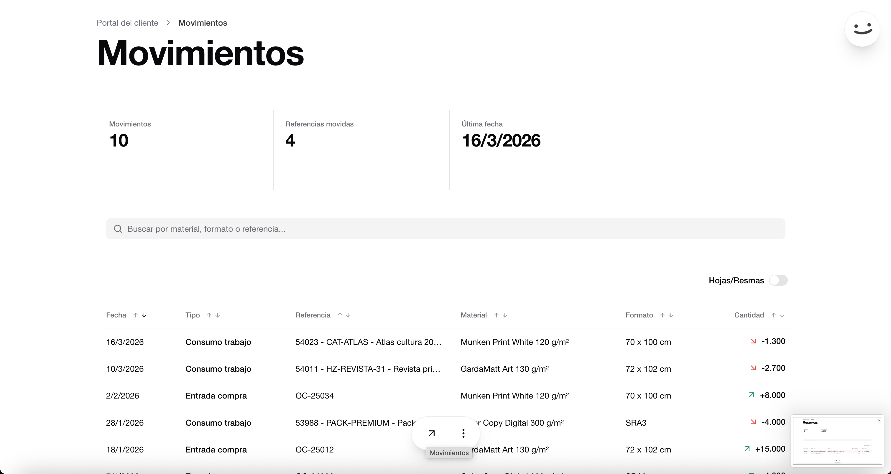 Vista de movimientos de stock en stock.Arlequinapp