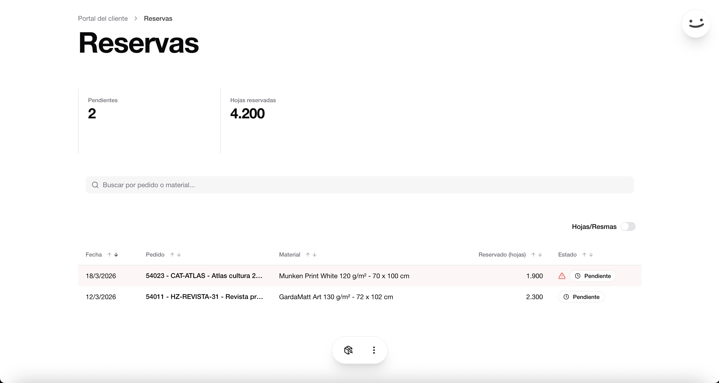 Vista de reservas de material en stock.Arlequinapp